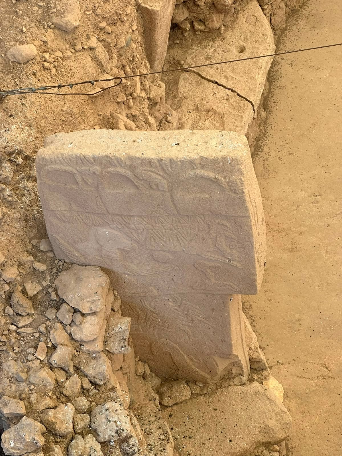 Close-up of a limestone pillar carved with rows of animal reliefs.
