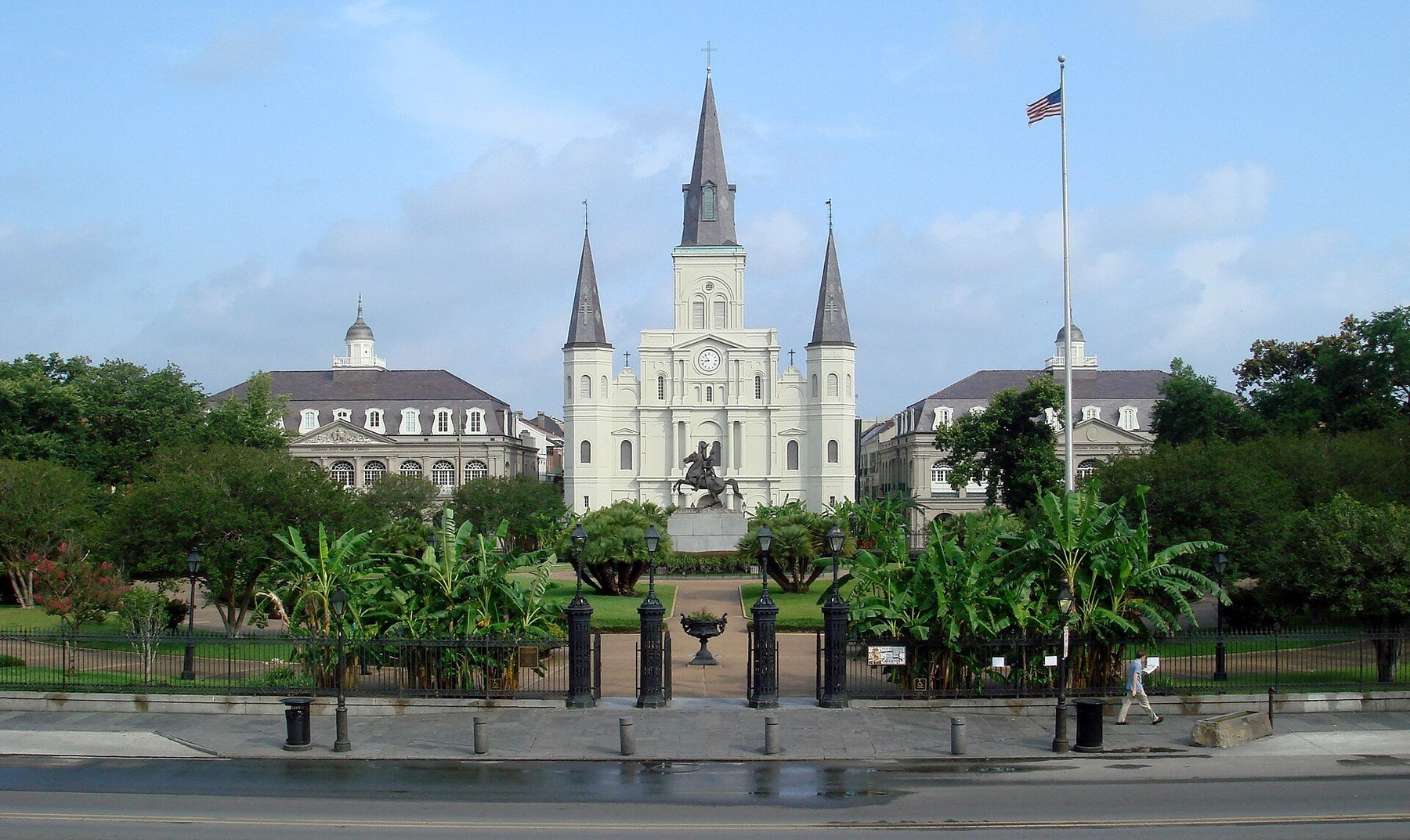 St. Louis Cathedral in New Orleans seen across Jackson Square on a sunny day