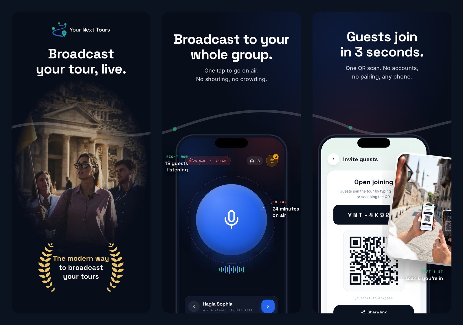 Three screens of the Your Next Tours guide app: the opening screen, the live broadcast screen showing 18 guests listening, and the invite screen with a join code and QR code