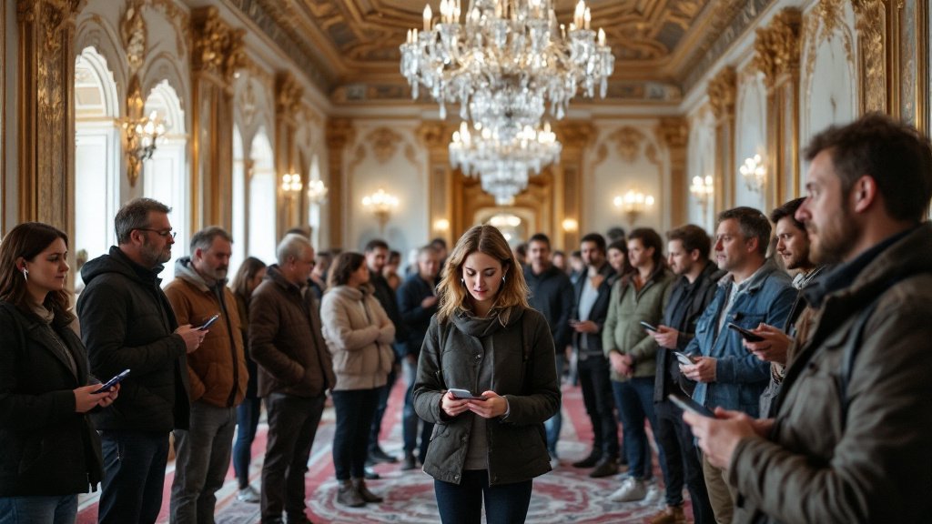 A guided group in an ornate palace hall, each visitor holding a phone and wearing earbuds while the guide speaks quietly