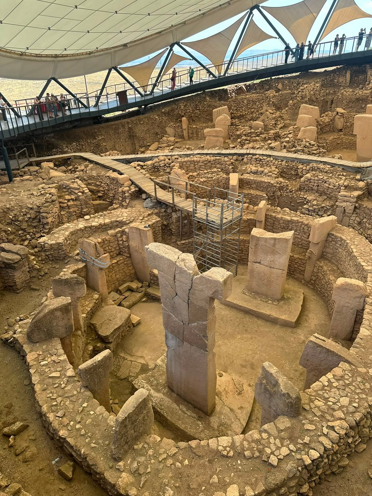 The main excavation enclosure at Göbeklitepe with T-shaped limestone pillars under the site canopy.